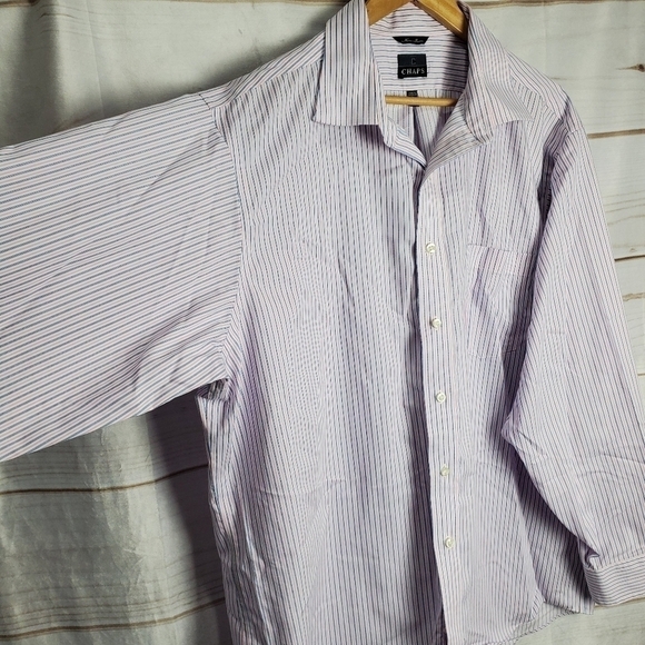 Chaps Non Iron Classic Fit Pink Blue Striped Button Down Dress Shirt Size 18 - Picture 4 of 10